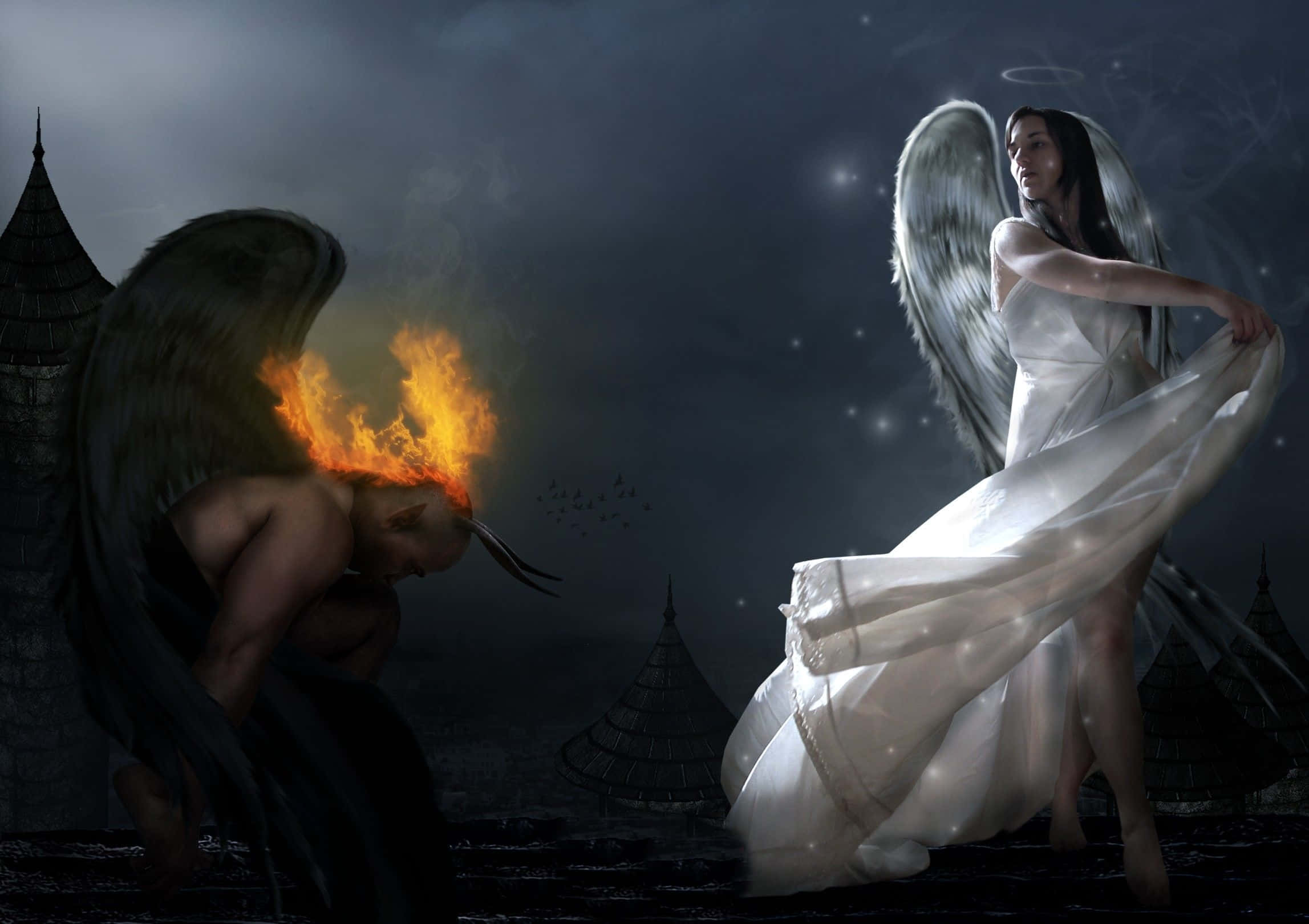 Angel Wings 桌布 壁紙 — 一個火翼惡魔跪在一個光芒四射的天使面前，背景是黑暗的哥德式環境，星空下。