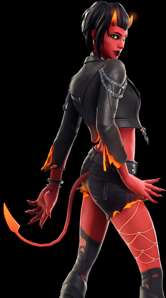 Fortnite Character 桌布 壁紙 — 一個火辣的惡魔女人，有發光的角和尾巴，穿著黑色皮衣，在黑暗背景前擺姿勢。