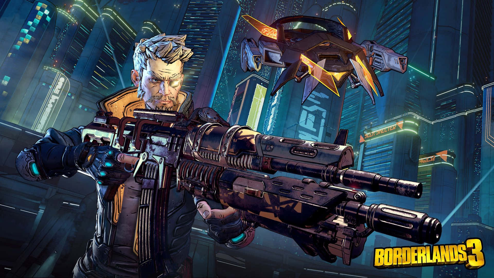 Borderlands 3 桌布 壁紙 — 一個灰白頭髮的傭兵手持巨大武器，站在黑暗天空下霓虹燈閃爍的未來城市景觀中。