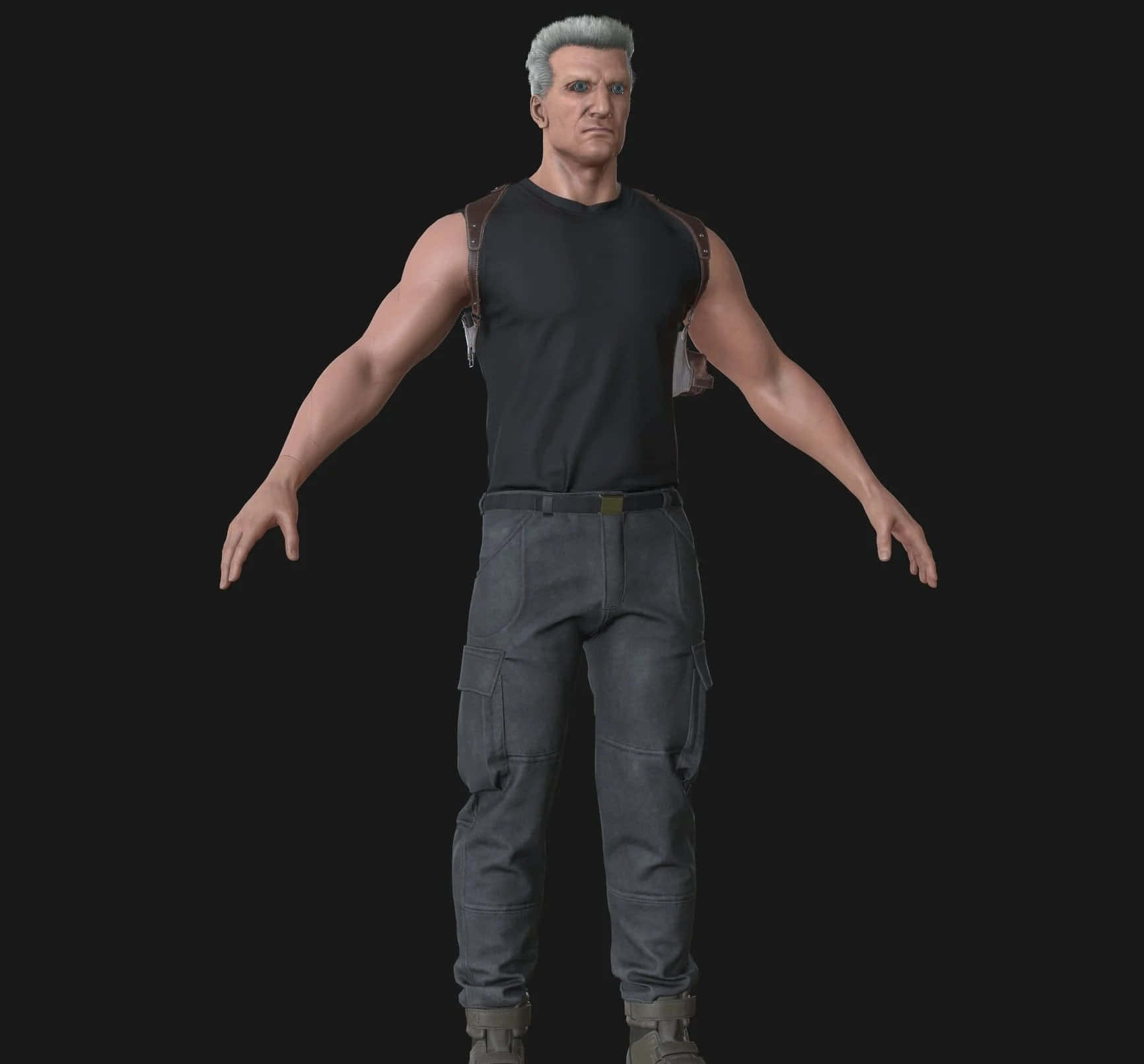Ghost In The Shell Batou 桌布 壁紙 — 一個灰白頭髮的肌肉男，身穿黑色背心和工裝褲，站在深色背景前。