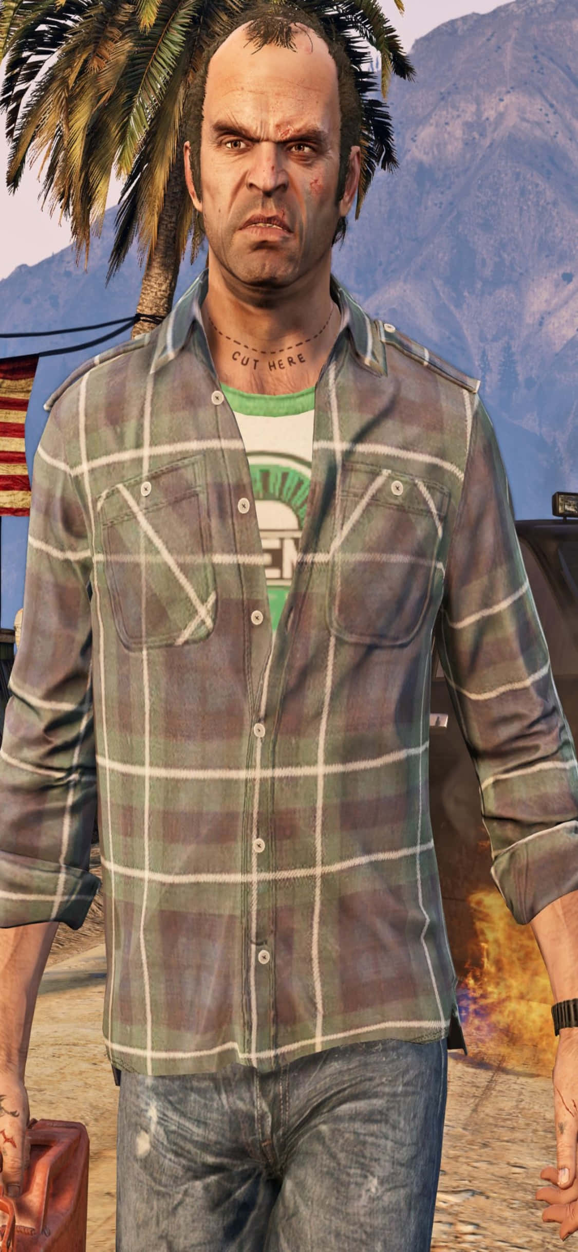 Grand Theft Auto V 桌布 壁紙 — 一個灰白頭髮的電子遊戲角色穿著格紋襯衫，站在棕櫚樹下，背景有山脈。