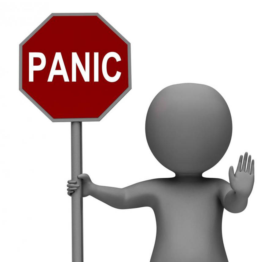 Panic 桌布 壁紙 — 一個灰色3D人物手持紅色停止標誌，上面有白色字母panic，另一隻手揮舞著。