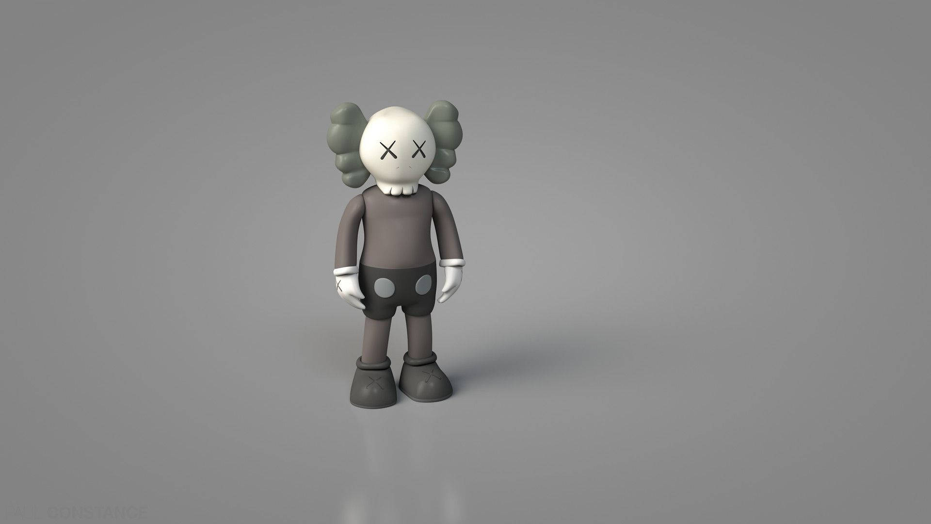 kaws 4K 桌布 壁紙 — 一個灰色3D渲染的KAWS公仔，擁有X形眼睛和雲朵狀耳朵，站在樸素的灰色地板上。