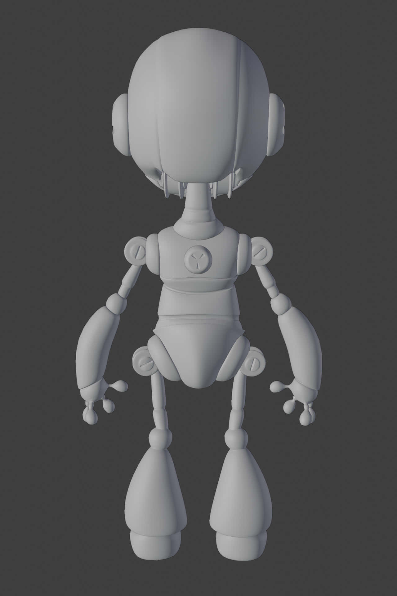 3d Modeling 桌布 壁紙 — 一個灰色3D渲染的人形機器人，從後面看，背景是深灰色。