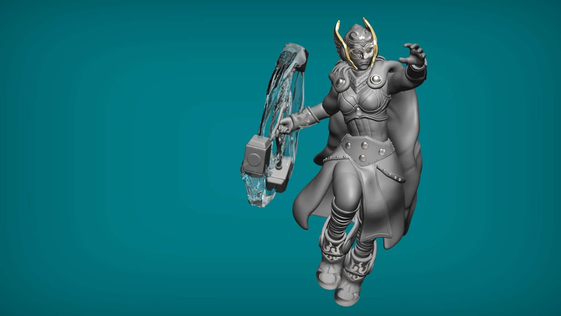 Jane Foster 桌布 壁紙 — 一個灰色3D渲染的女性雷神索爾形象漂浮在青綠色背景上，手持發光錘子。