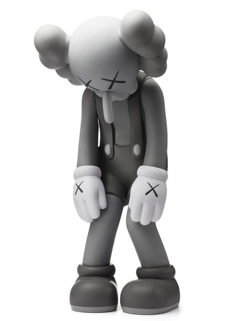 桌布 壁紙 — 一個灰色KAWS Companion公仔，有X形眼睛和雲狀頭髮，莊嚴地站在純白色背景前。