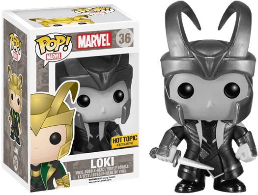 洛基 桌布 壁紙 — 一個灰色和黑色的Funko Pop! Marvel Loki人偶站在其收藏盒旁邊，盒上展示了角色標誌性的角盔和劍。