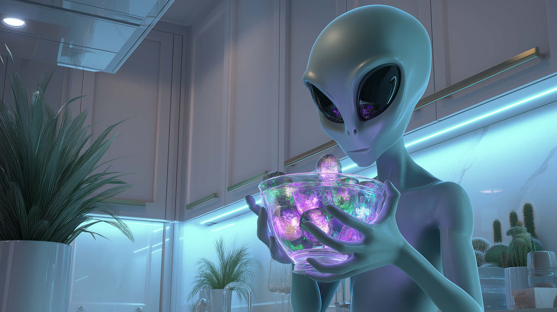 Alien Examining Glowing Objects in a Kitchen Bowl 壁紙 — 一個灰色外星人，有著黑色大眼睛，在一個有藍色燈光和盆栽的現代廚房裡，拿著一個發光的碗，裡面裝滿了色彩繽紛的球體。
