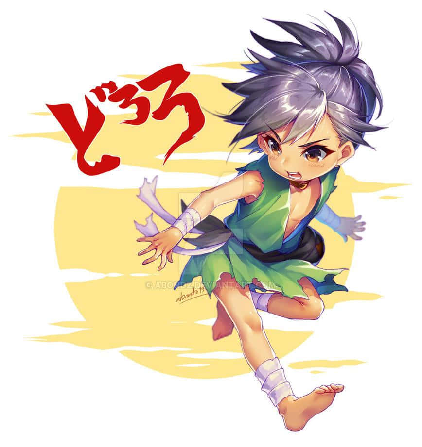 多羅羅 桌布 壁紙 — 一個灰色尖髮、身穿綠色服裝的Q版動漫男孩，在帶有紅色日文字樣的黃色太陽光芒前動態跳躍。
