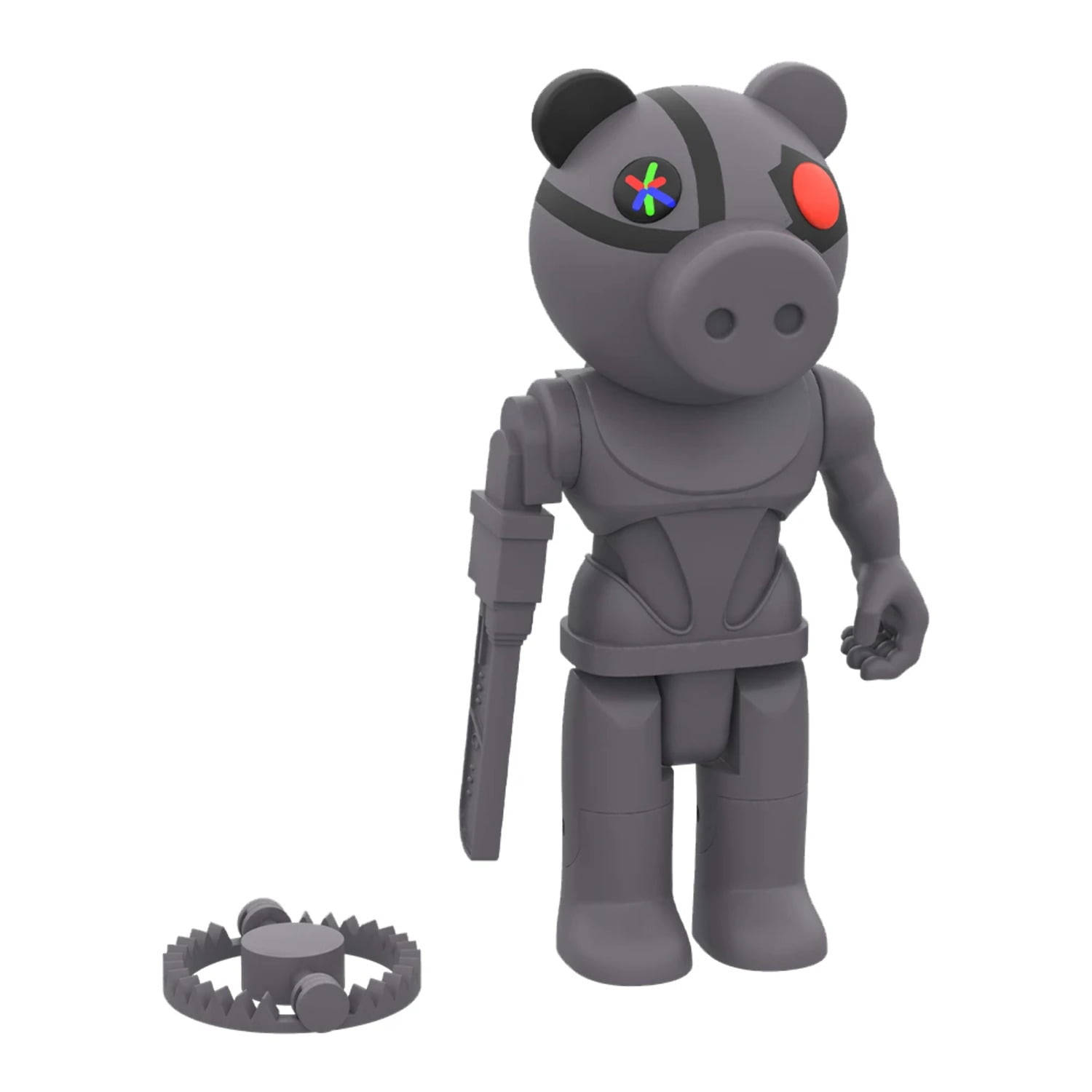 Piggy 桌布 壁紙 — 一個灰色機械豬公仔，發光的眼睛和陷阱武器，站在白色背景前。