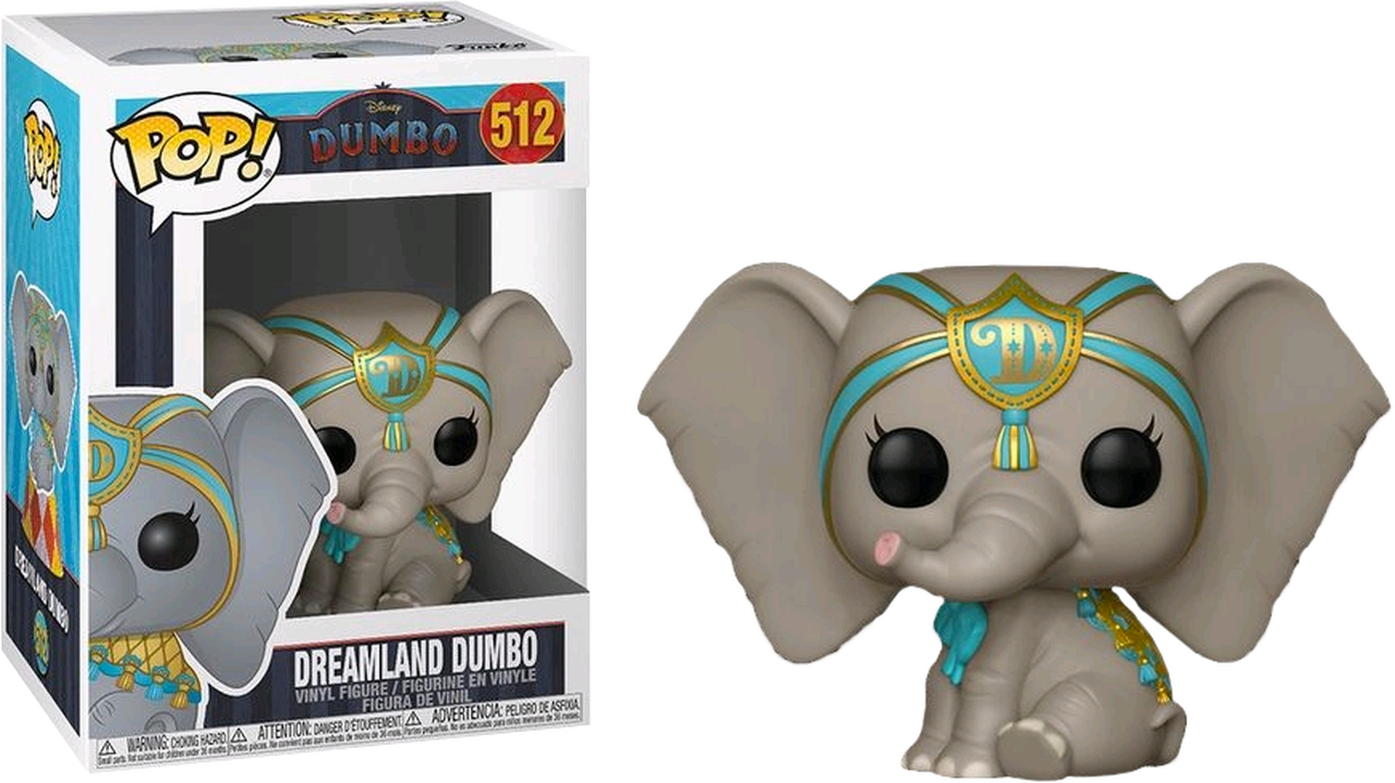 小飛象 桌布 壁紙 — 一個灰色的Funko Pop!小飛象乙烯基公仔，戴著藍色和金色的頭飾，坐在其原裝包裝旁邊。