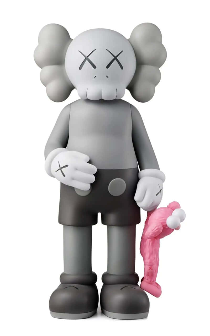KAWS 桌布 壁紙 — 一個灰色的KAWS人偶，有著X形眼睛，在純白背景前抱著一個粉紅色的小Companion。
