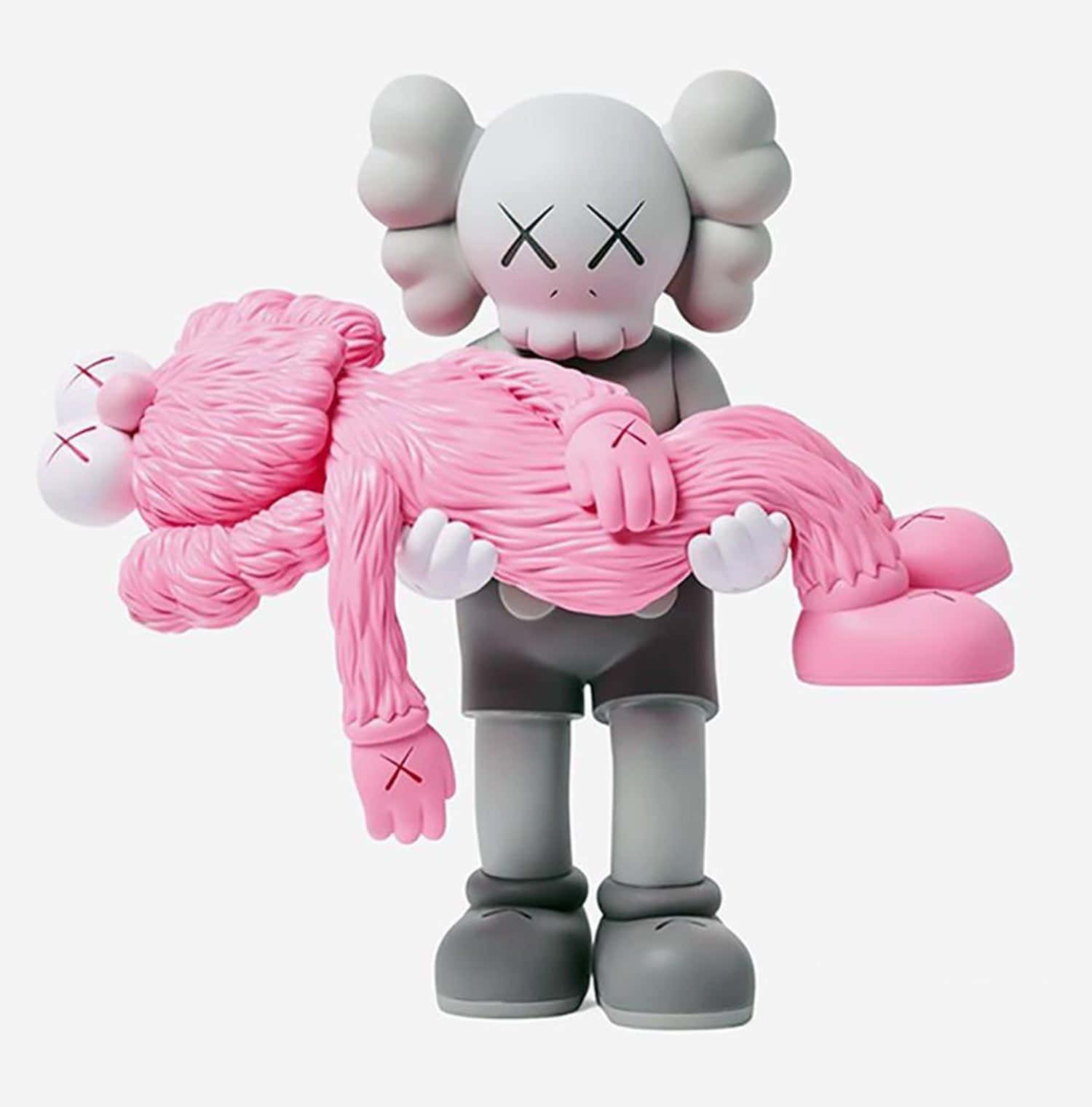 Kaws Bff Pink 桌布 壁紙 — 一個灰色的KAWS人偶在純白色背景前抱著一個粉紅色、像紗線的Companion，眼睛呈X形。