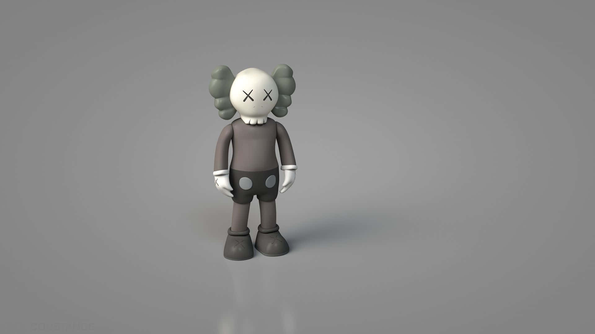 KAWS 桌布 壁紙 — 一個灰色的KAWS公仔，有X形眼睛和雲朵狀耳朵，站在簡約灰色工作室地板中央。