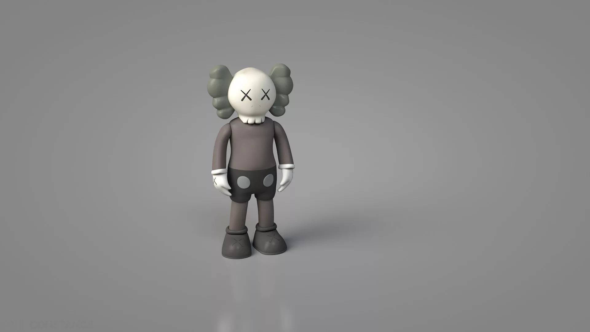 kaws 桌布 桌布 壁紙 — 一個灰色的KAWS公仔，有X形眼睛和雲朵般的耳朵，站在純灰色工作室背景中央。