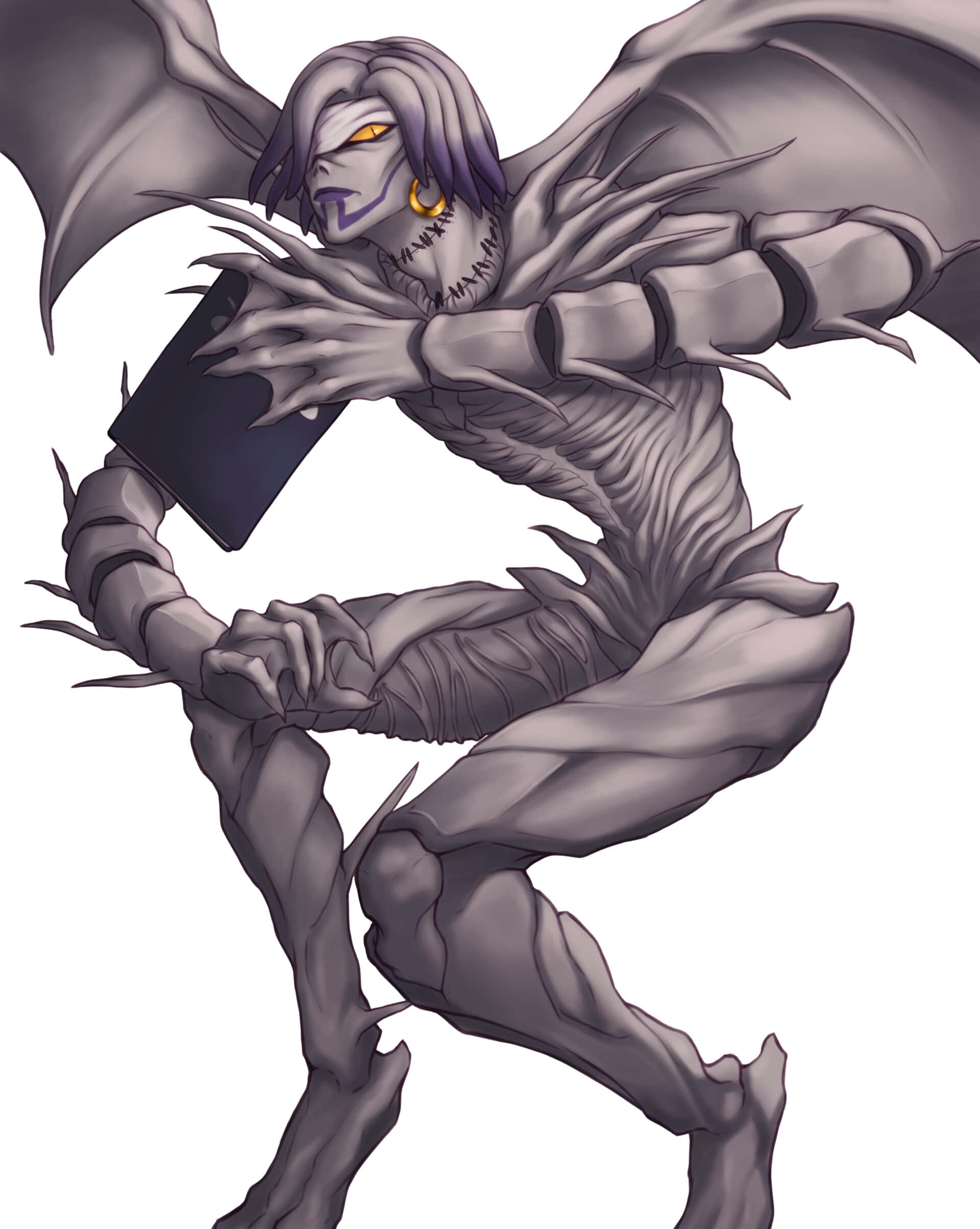 Death Note Rem 桌布 壁紙 — 一個灰色皮膚、長著蝙蝠翅膀和鋒利爪子的威脅性動漫惡魔，在純白色背景上緊握著一本黑色書。