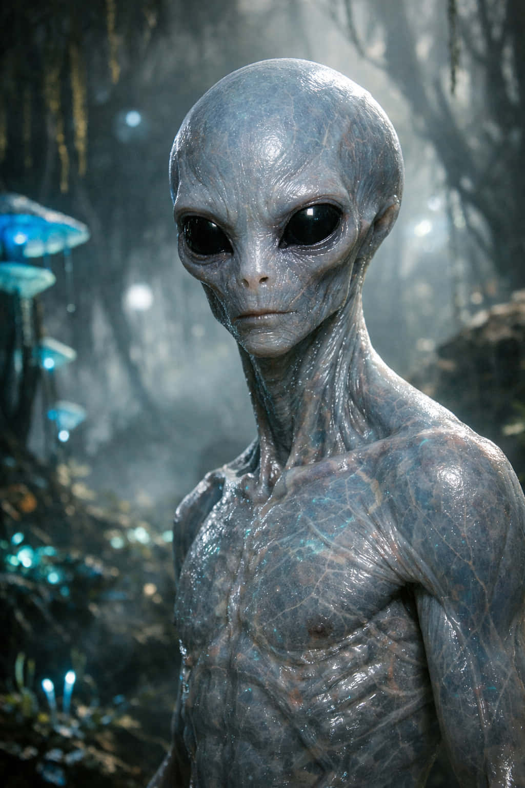 外星人 桌布 壁紙 — 一個灰色皮膚、黑色大眼睛的外星人站在一個有發光藍色真菌的霧氣森林中。