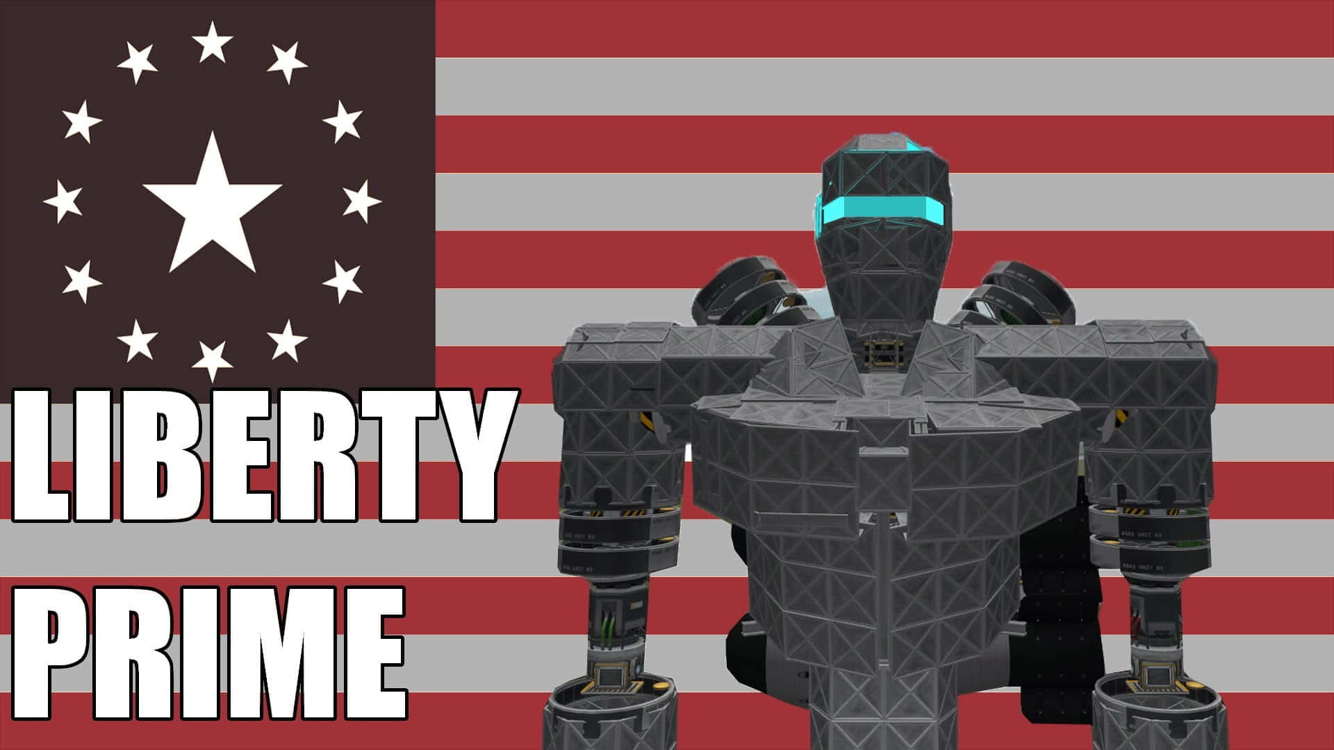 Liberty Prime 桌布 壁紙 — 一個灰色裝甲機器人站在風格化的美國國旗前，國旗上有星星和條紋，文字寫著 liberty prime。