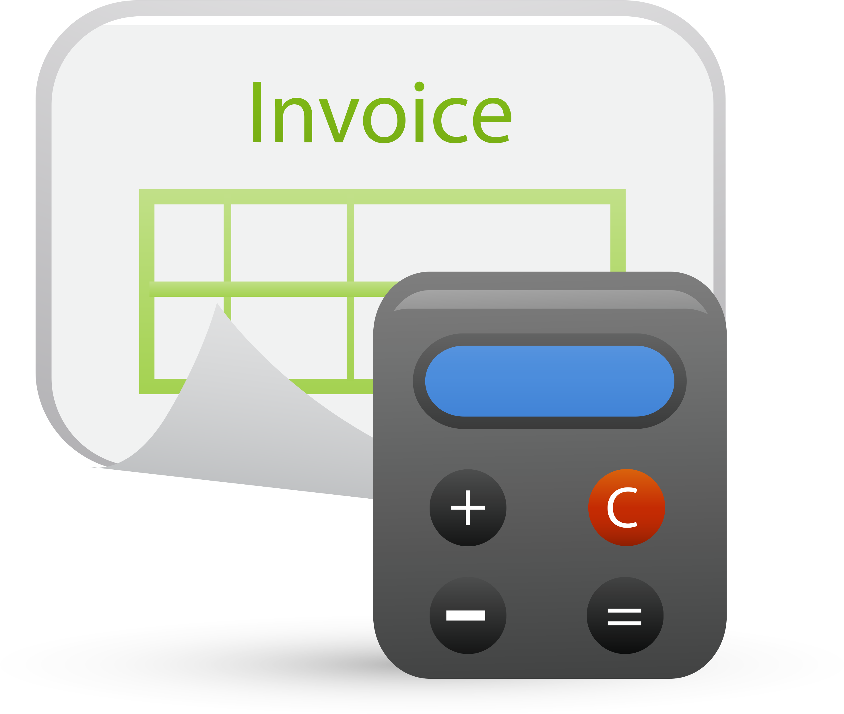 Calculator Icon 桌布 壁紙 — 一個灰色計算機帶有紅色清除按鈕，旁邊放著一份帶有綠色網格線的白色發票文件。