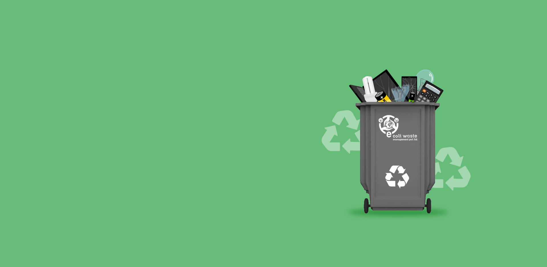 Recycling 桌布 壁紙 — 一個灰色電子廢棄物回收箱，裝滿舊電子產品，背景為純綠色。