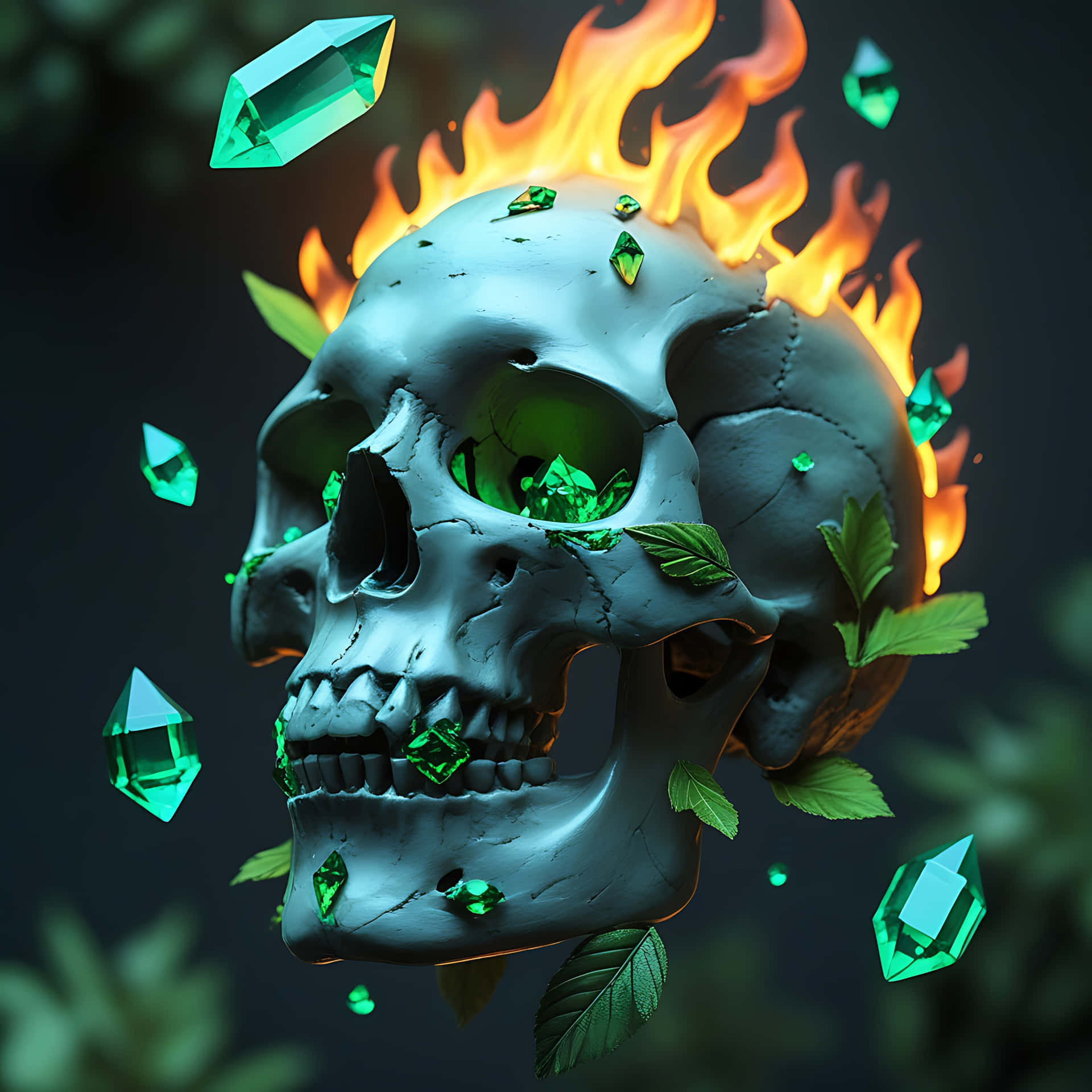 Mystic Skull with Emerald Flames and Floating Crystals 壁紙 — 一個灰色頭骨，頭頂噴出熾熱的橙色火焰，眼窩鑲嵌著發光的綠色翡翠，並散落在周圍。