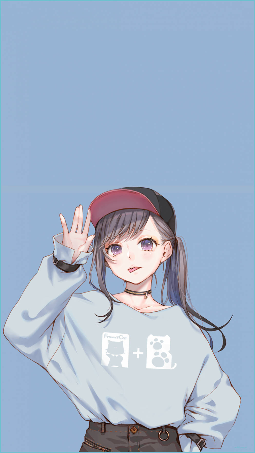 可愛動漫頭貼 桌布 壁紙 — 一個灰色頭髮、戴紅色帽子的開朗動漫女孩，在純淺藍色背景前向觀眾揮手。