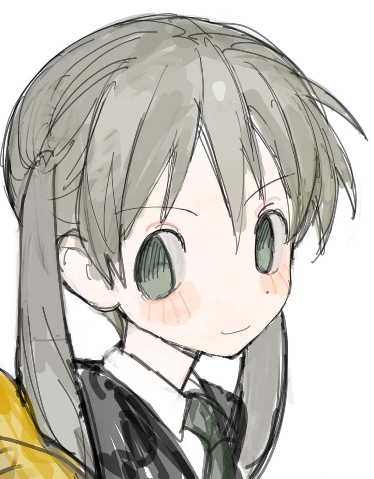 灰色頭髮、綠色眼睛的動漫女孩穿著校服。 — 動漫角色 GIF 壁紙