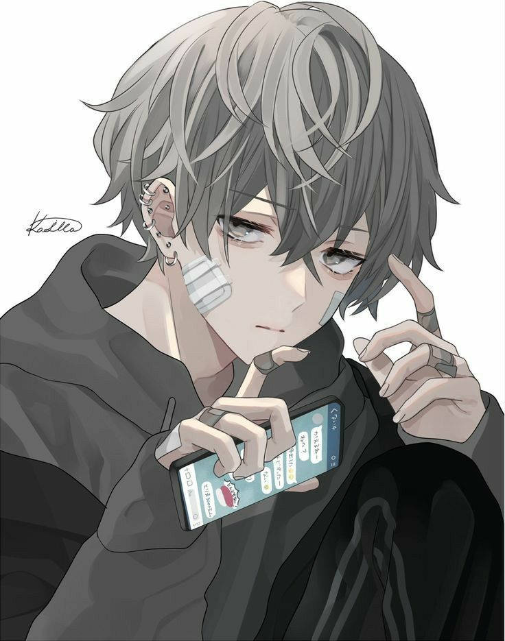 Edgy 桌布 壁紙 — 一個灰色頭髮、臉上貼著膠帶的憂鬱動漫男孩，拿著一部顯示帶有紅色愛心表情符號對話的手機。