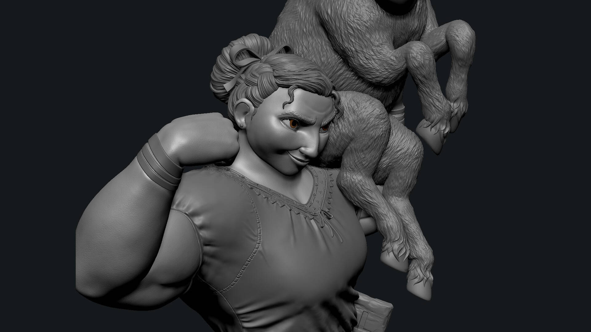 Luisa 桌布 壁紙 — 一個灰階3D渲染，一位肌肉發達的女性肩上有一隻猴子，兩者都在深色背景下微笑。