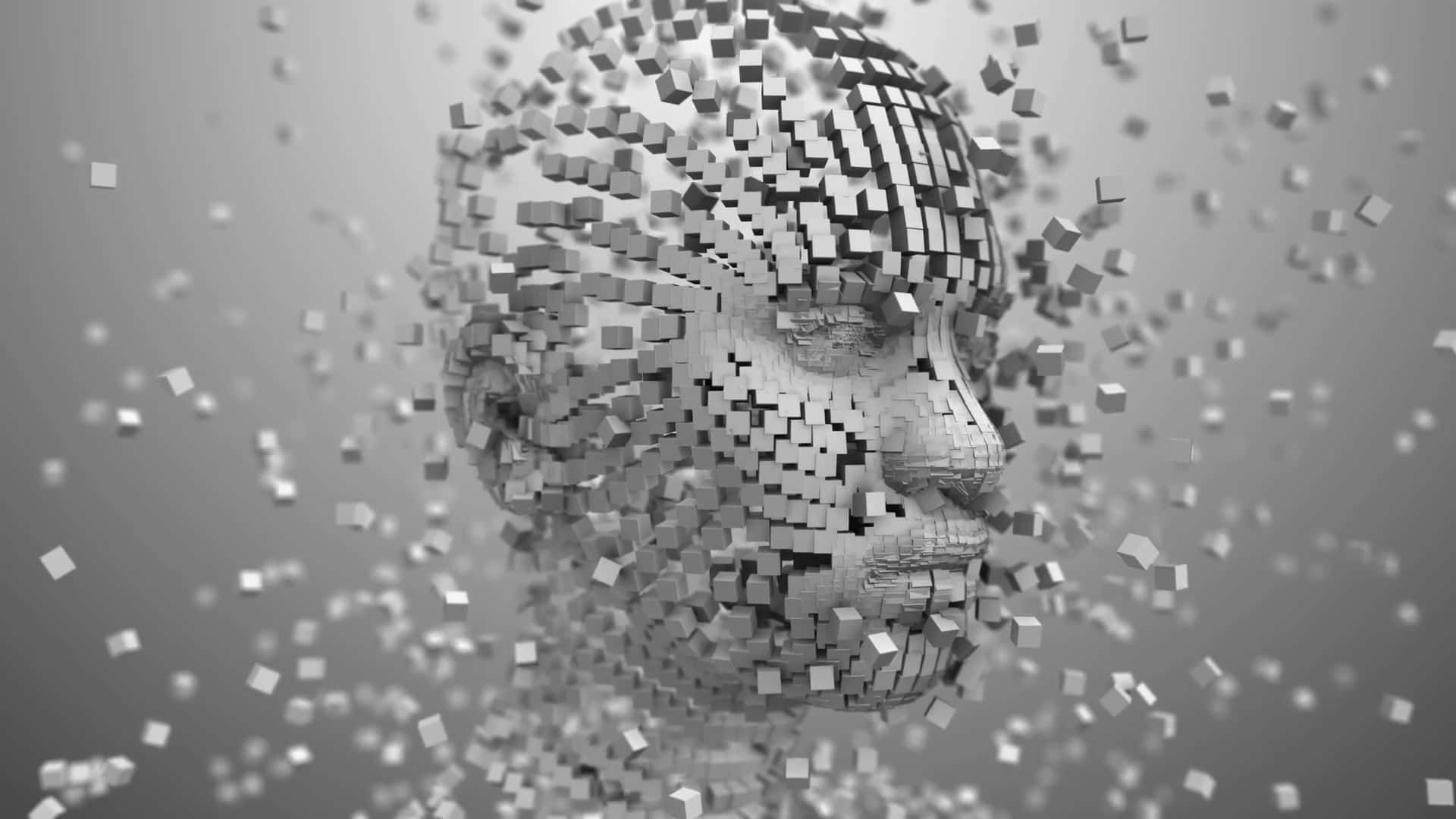 AI 桌布 壁紙 — 一個灰階3D渲染的人頭，在漸變背景前分解成漂浮的立方體。