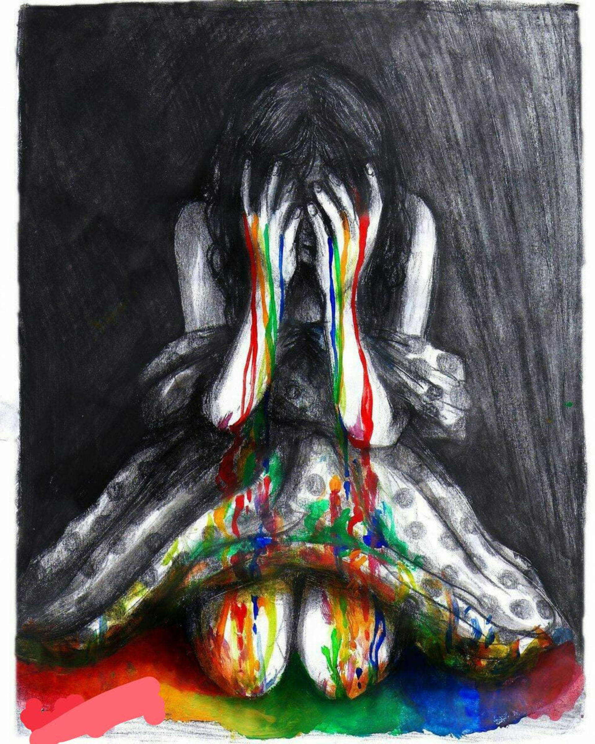 桌布 壁紙 — 一個灰階人物跪著，雙手掩面，鮮豔的彩虹眼淚沿著他們的身體傾瀉而下，落入下方一個色彩繽紛的水坑中。