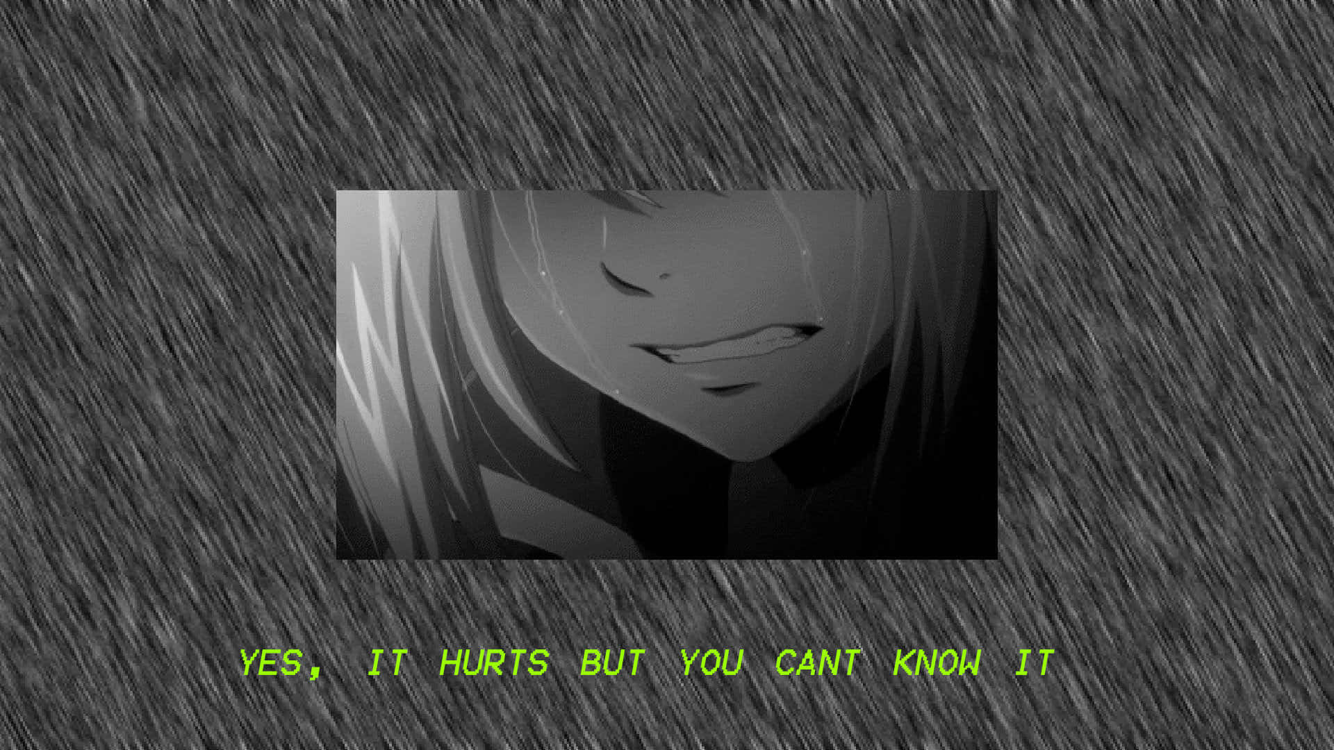 anime crying 桌布 壁紙 — 一個灰階動漫特寫，一個微笑的角色長髮，背景有條紋和發光的綠色文字。
