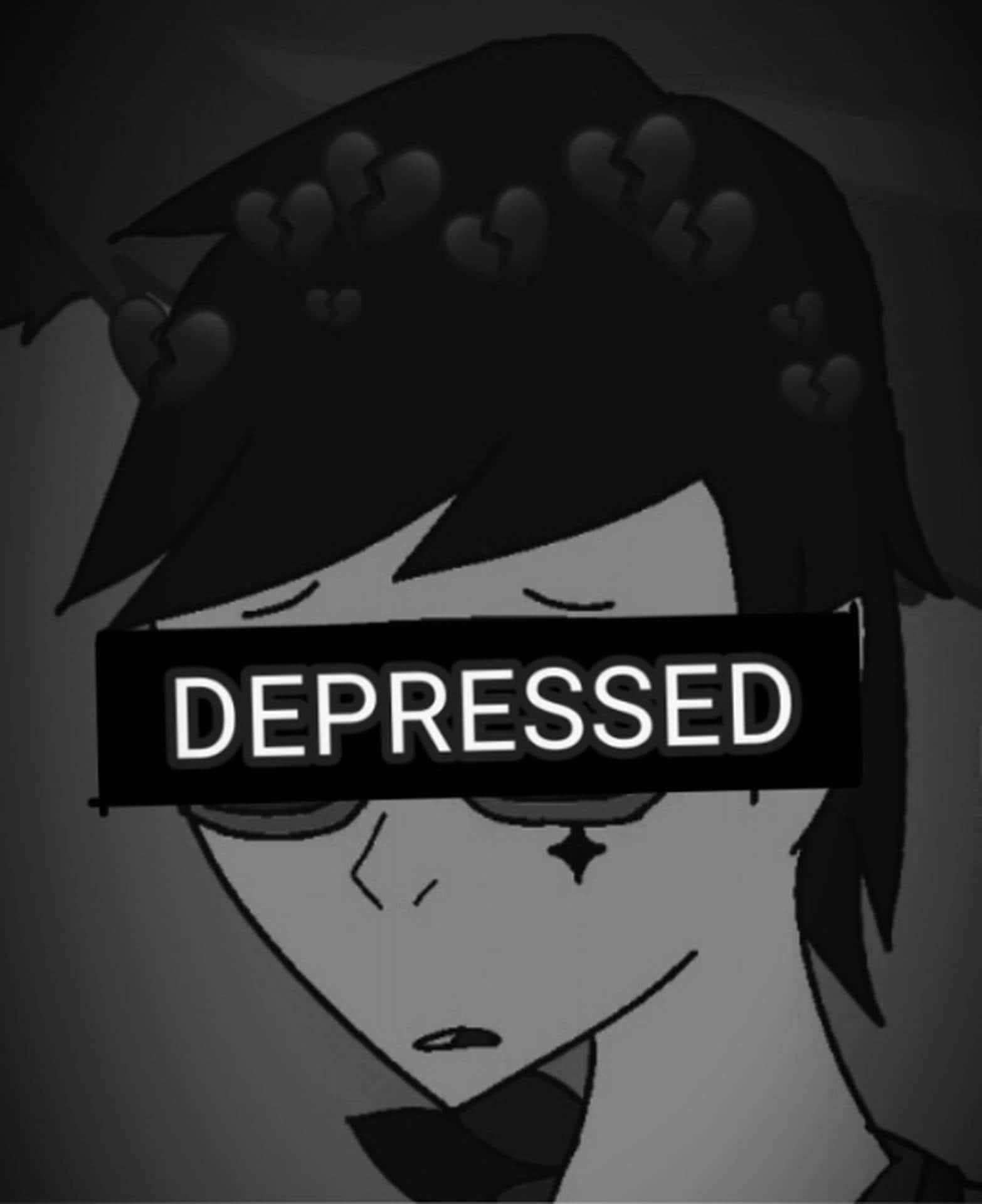 Depressed 桌布 壁紙 — 一個灰階動漫角色，頭髮上有破碎的心形符號，眼睛上有一個「DEPRESSED」的橫幅。