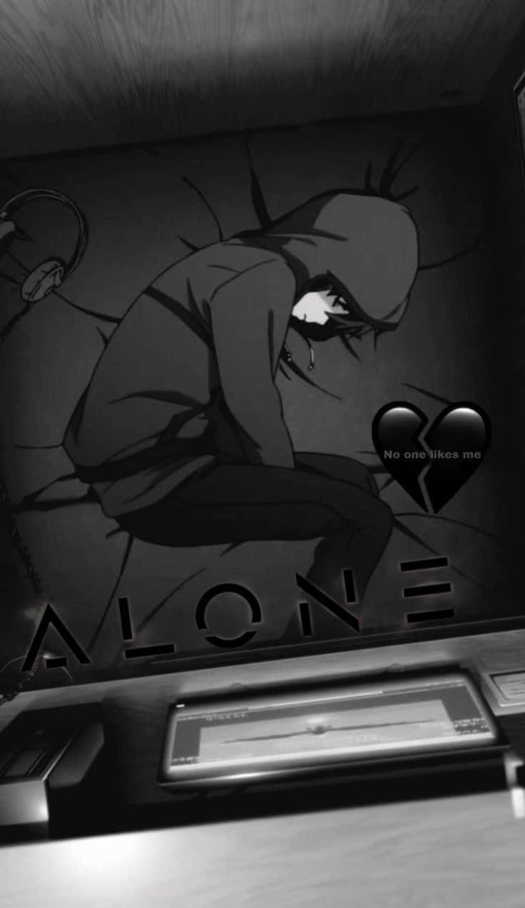 Broken Heart Anime 桌布 壁紙 — 一個灰階動漫角色穿著連帽衫獨自坐在昏暗的房間裡，有一顆破碎的心和文字說「沒有人喜歡我」和「孤獨」。