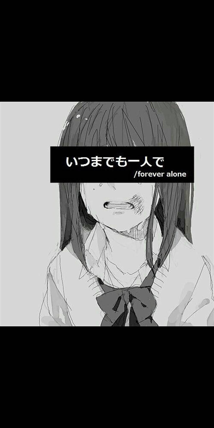 Depression Aesthetic 桌布 壁紙 — 一個灰階動畫女孩，長髮戴蝴蝶結，低頭流淚，文字寫著 forever alone。
