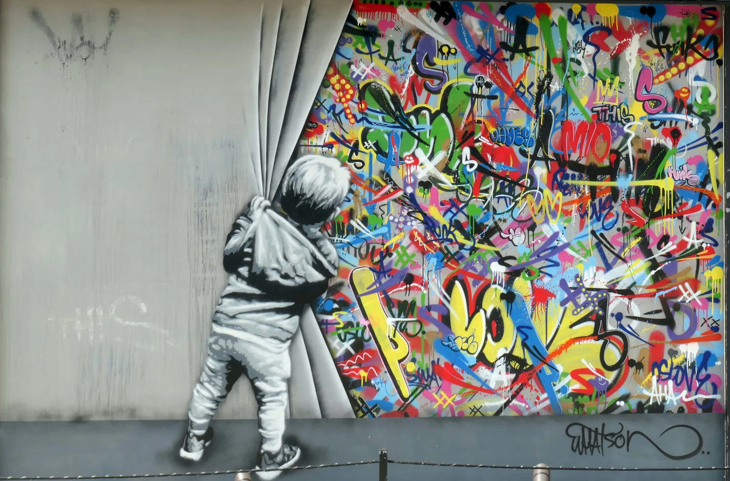 Graffiti Art 桌布 壁紙 — 一個灰階的小孩拉開窗簾，露出背後充滿活力、混亂的塗鴉爆發。