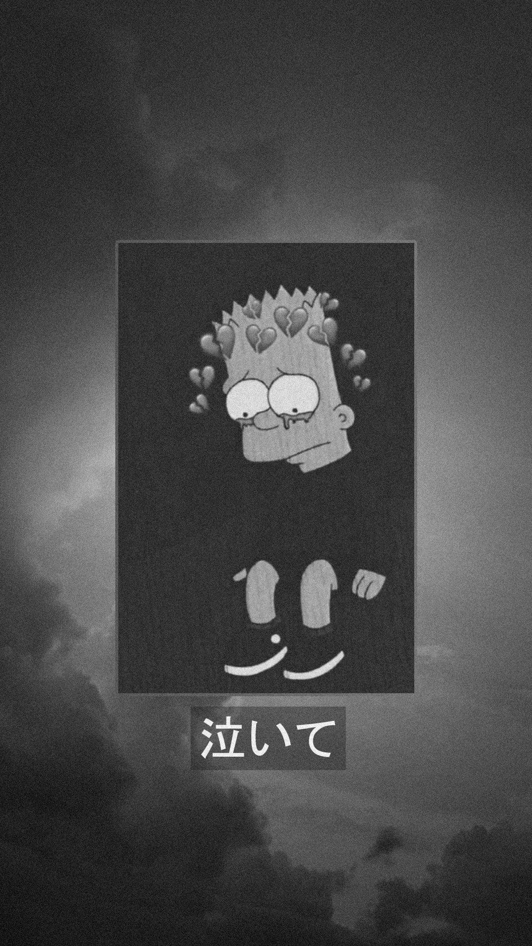 Simpson 桌布 壁紙 — 一個灰階的巴特·辛普森，心形眼淚漂浮在他的頭周圍，背景是暴風雨的天空。