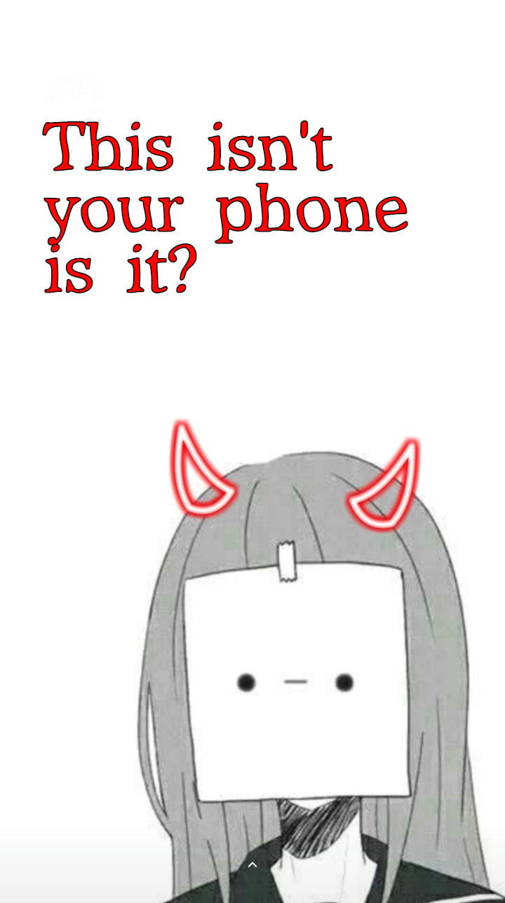 Devil Horns 桌布 壁紙 — 一個灰髮紅惡魔角的動漫女孩，用白色手機遮住臉，上方文字問這是不是你的手機。