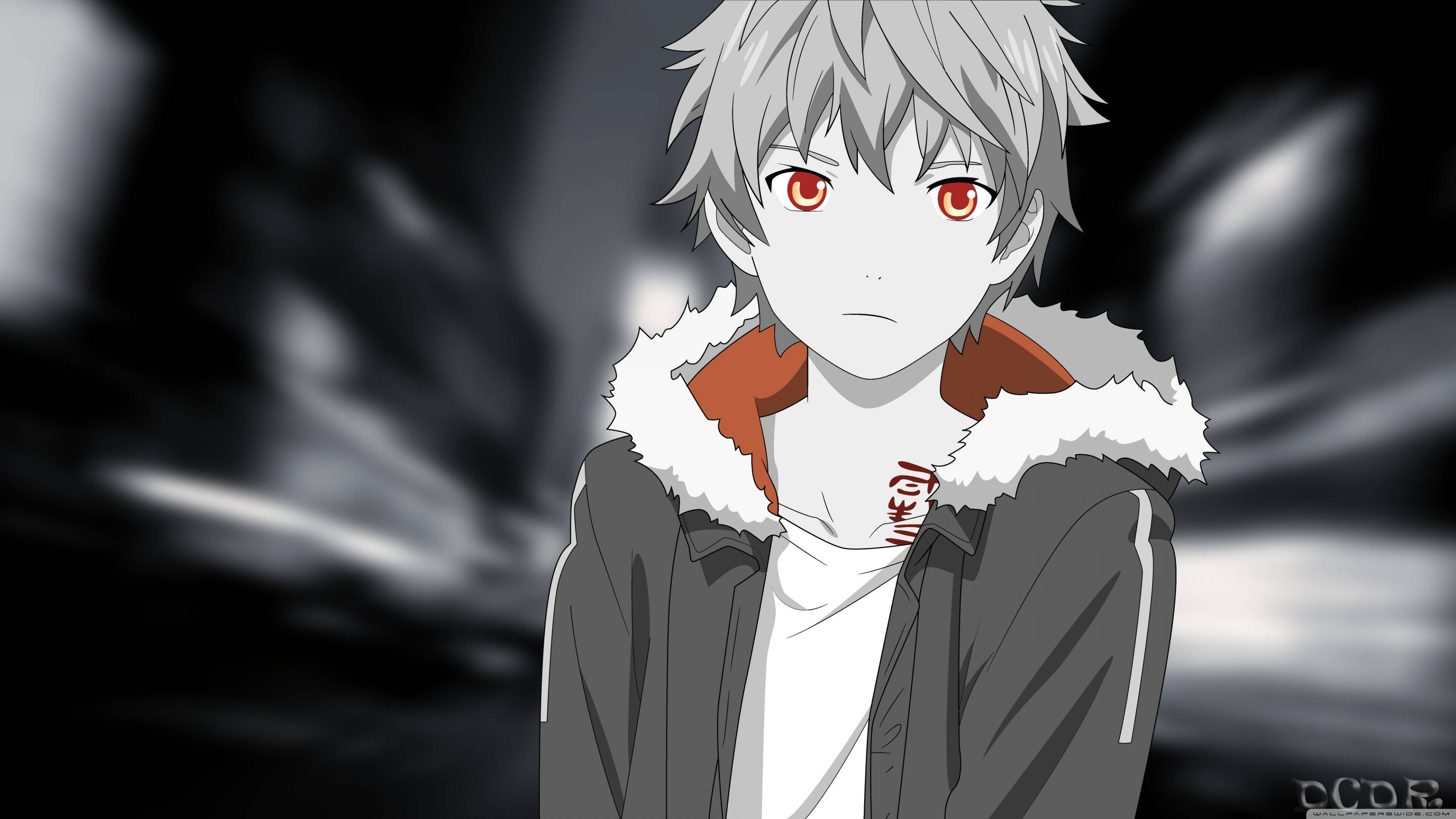 Noragami 桌布 壁紙 — 一個灰髮紅眼的動漫男孩，穿著帶白色毛領的深色外套，背景是模糊的黑白。