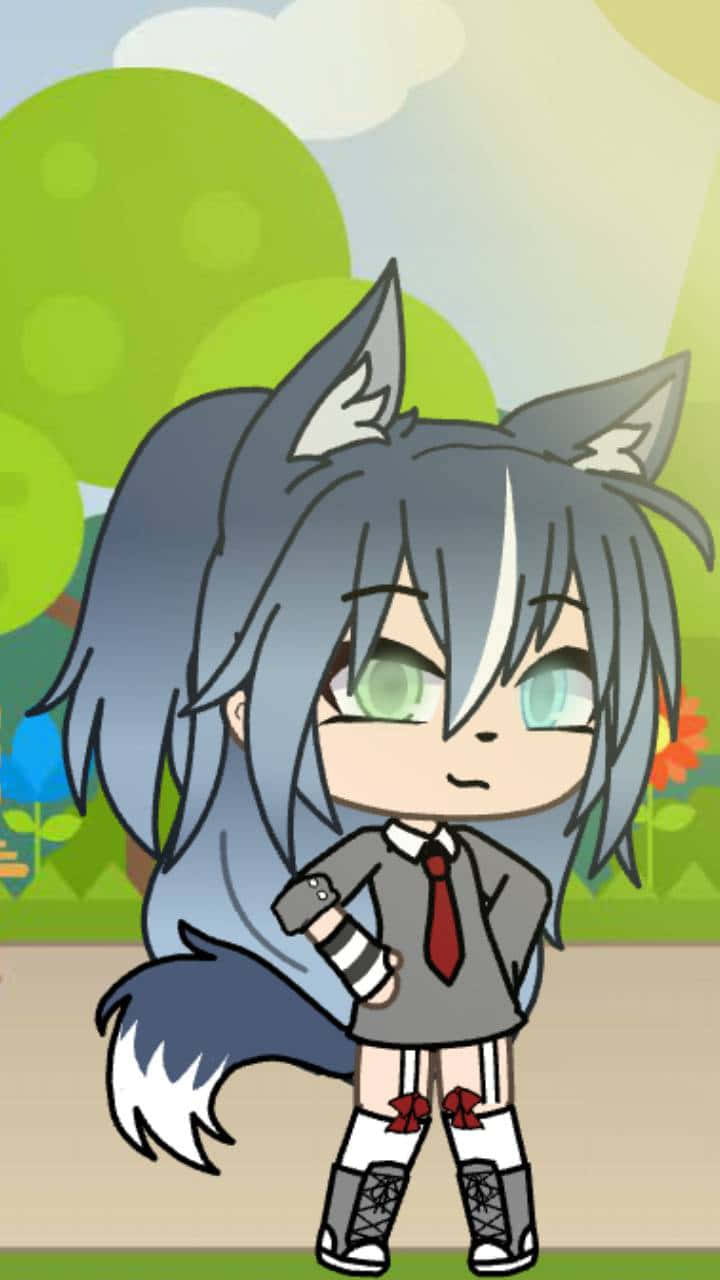 Gacha Life Funny 桌布 壁紙 — 一個灰髮綠眼的Q版動漫狼女孩，穿著校服，自信地站在明亮的綠色背景前。