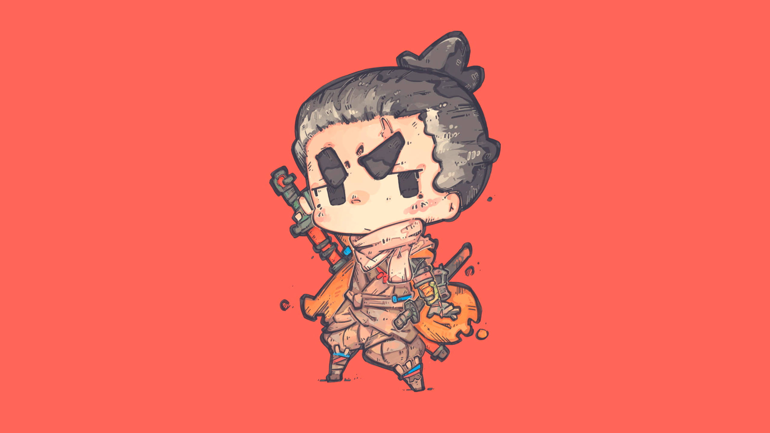 Sekiro 桌布 壁紙 — 一個灰髮繃帶臉的Q版戰士，在純珊瑚色背景前手持武器。