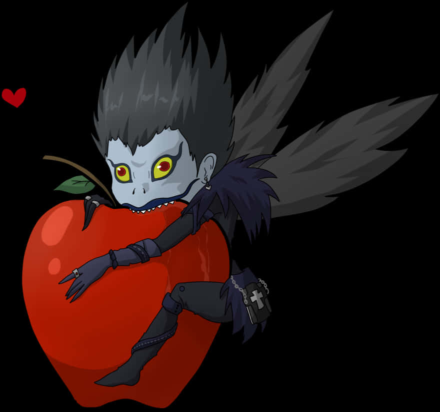 Death Note Ryuk 桌布 壁紙 — 一個灰髮黃眼的Q版死神躺在一個巨大紅蘋果上，背景為黑色，附近有一個小紅心漂浮著。