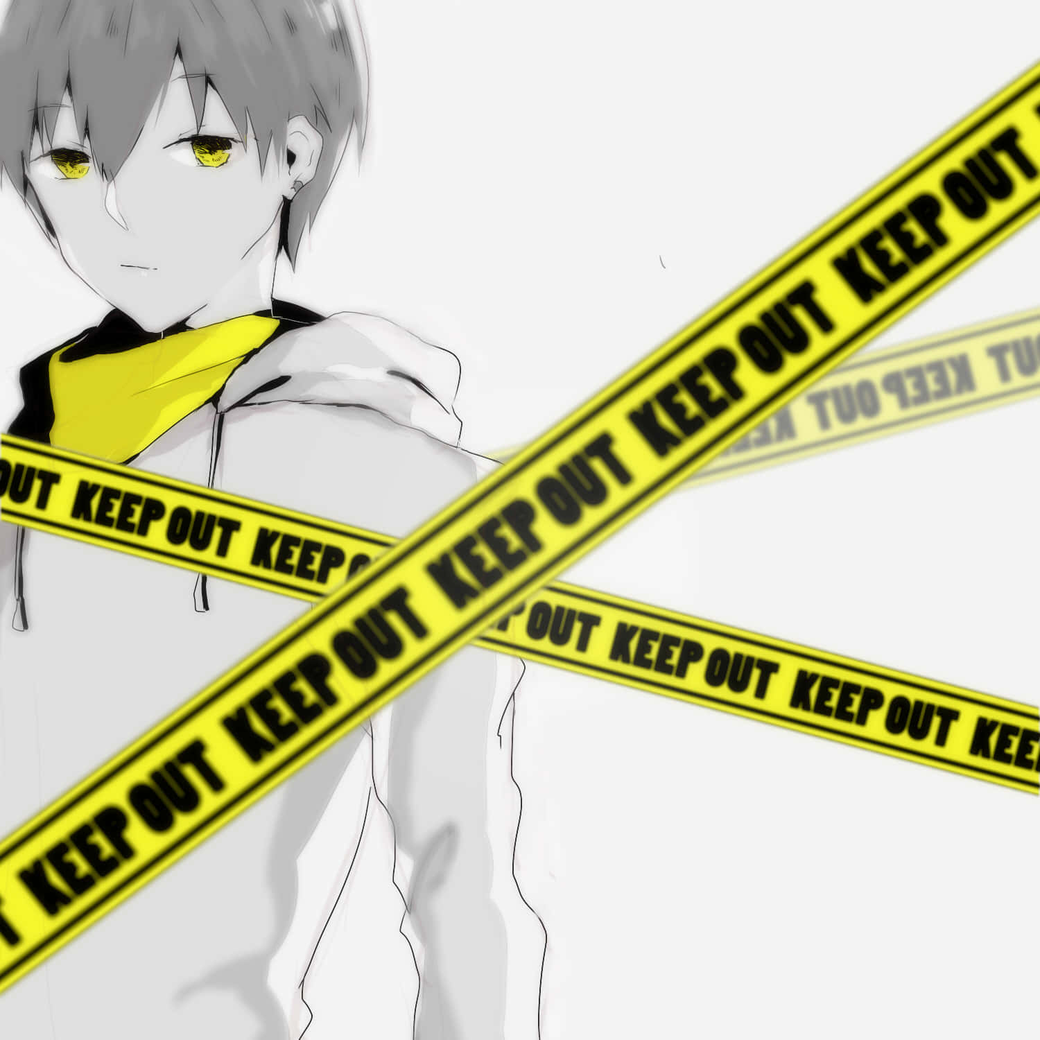 Masaomi Kida 桌布 壁紙 — 一個灰髮黃眼睛的動漫男孩站在白色背景前的黃色封鎖帶後面。