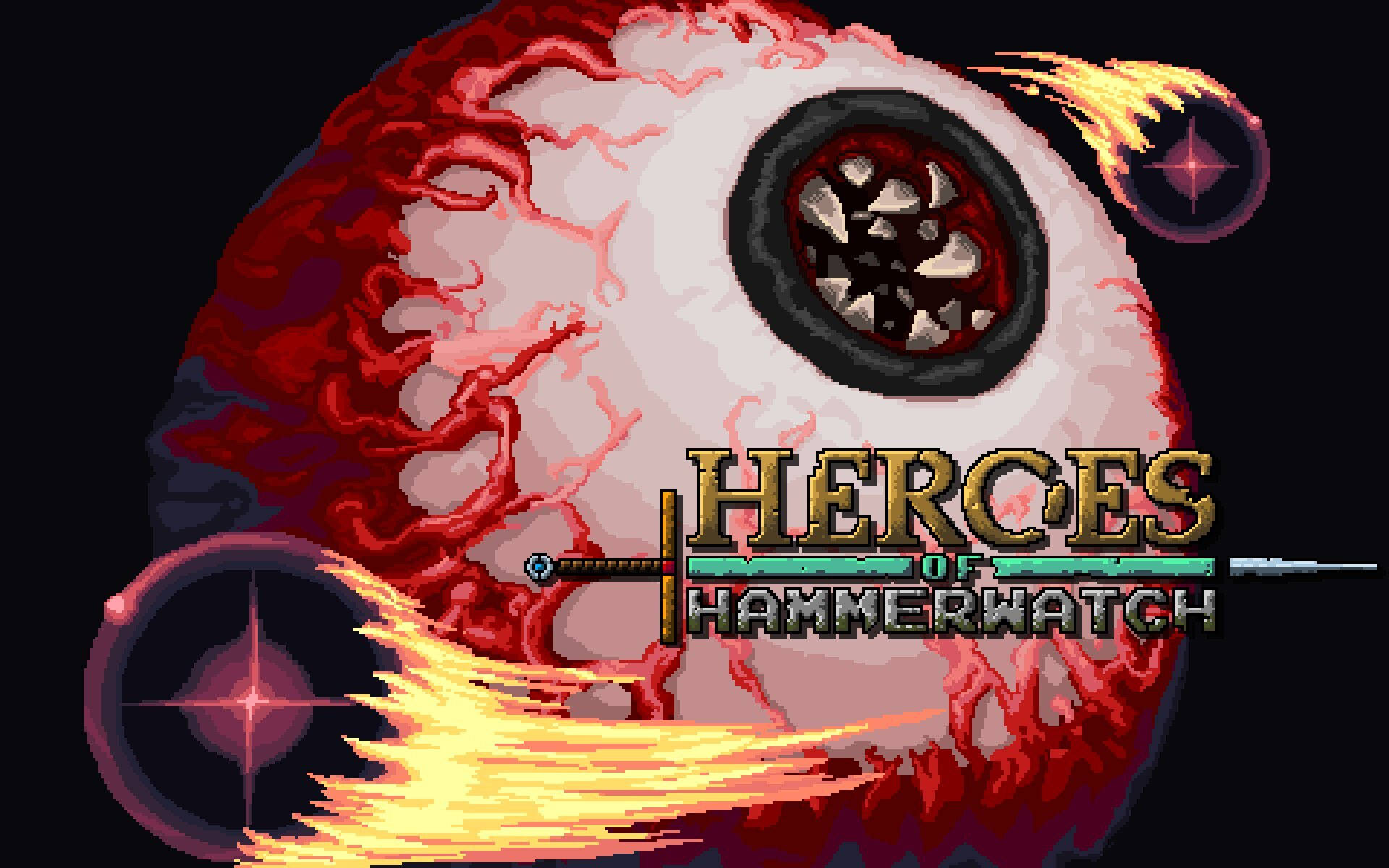 Hammerwatch 桌布 壁紙 — 一個為 Heroes of Hammerwatch 設計的像素藝術遊戲標誌，包含一個巨大的眼球和飛過的火焰投射物。