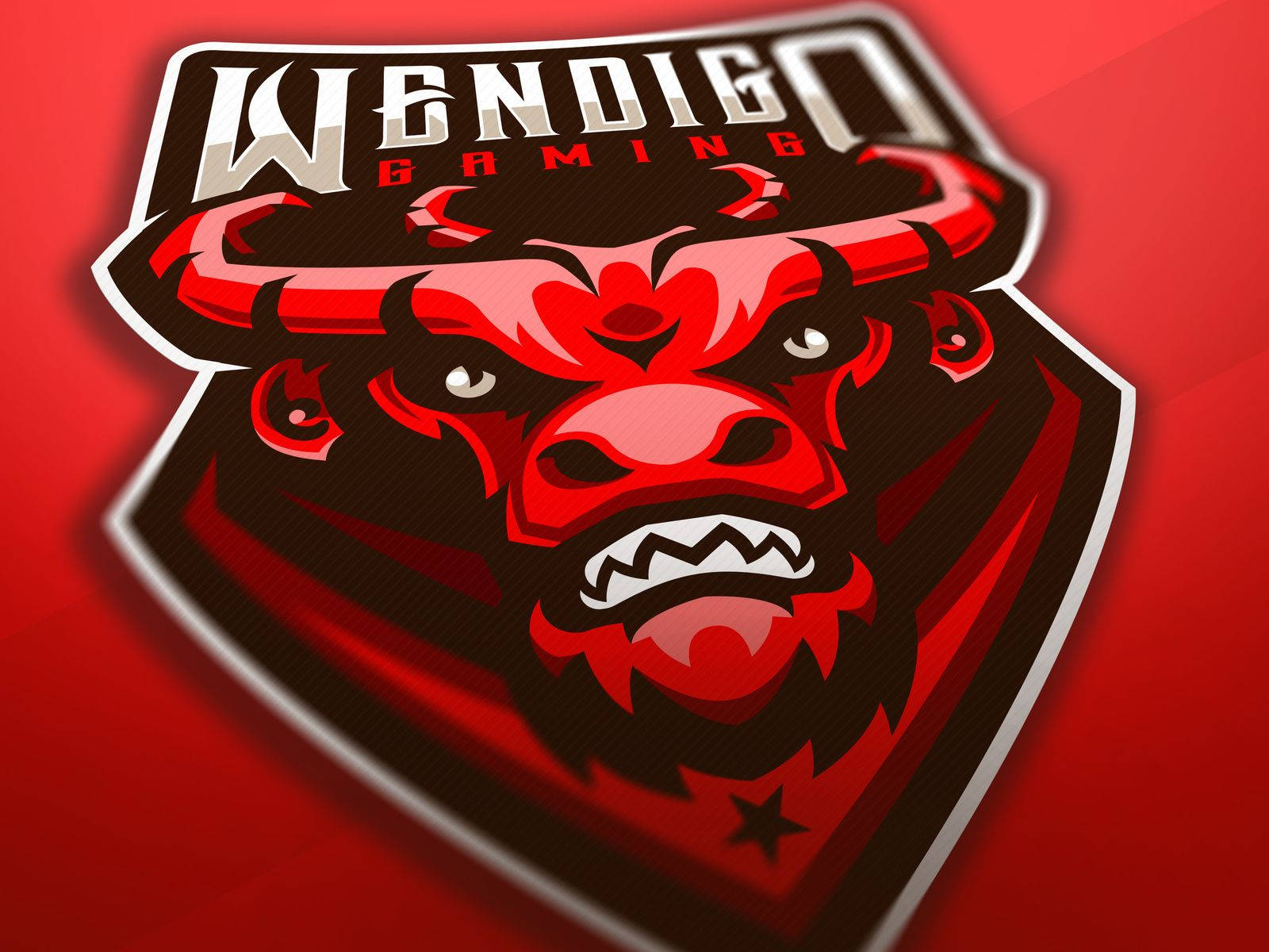 Wendigo 桌布 壁紙 — 一個為 WENDIGO GAMING 設計的兇猛紅色公牛吉祥物標誌，帶有鋒利的牙齒和角，位於盾牌上，背景為漸變紅色。