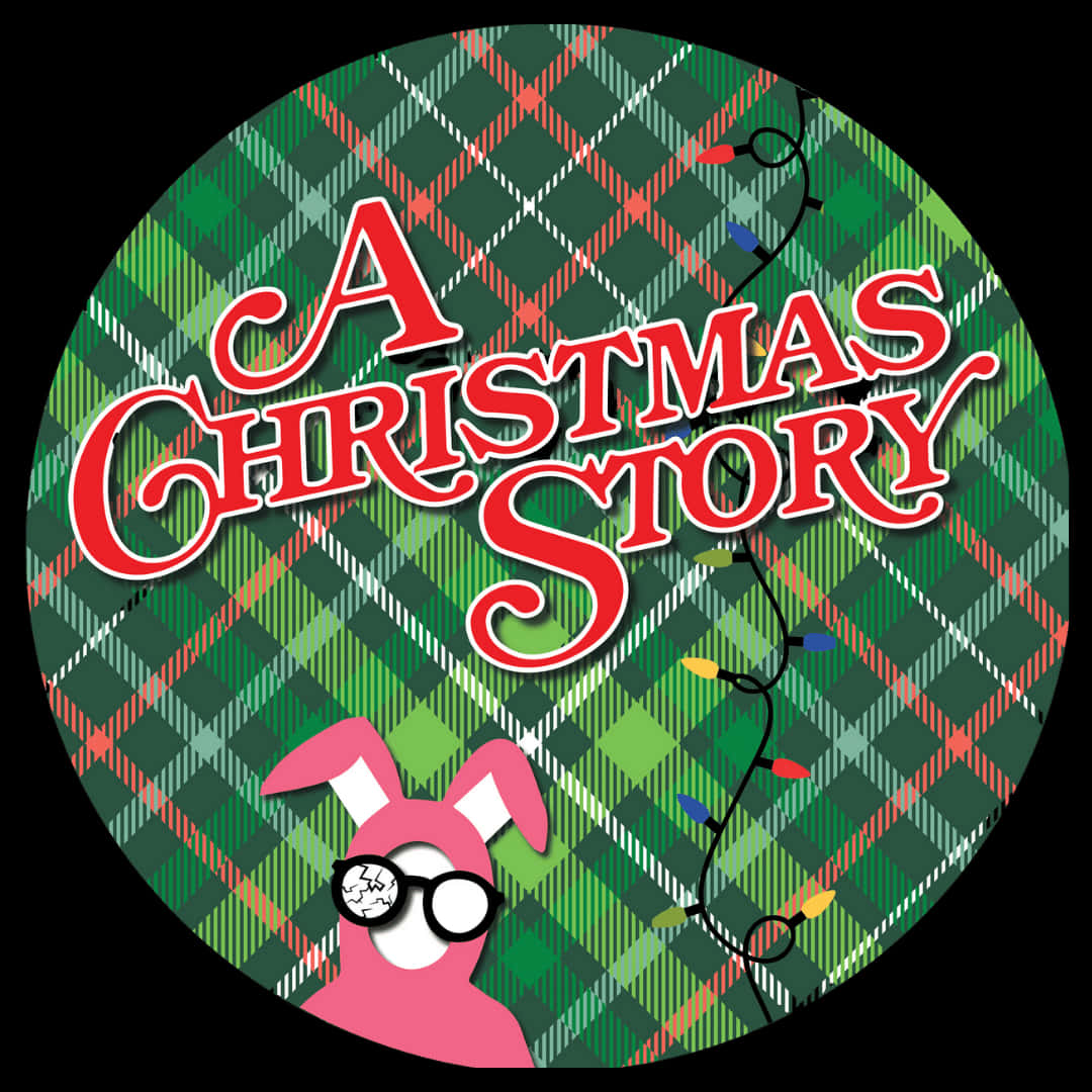a christmas story 桌布 壁紙 — 一個為《聖誕故事》設計的節日圓形標誌，以綠色格紋背景搭配燈串，展示一隻戴眼鏡的粉紅兔。