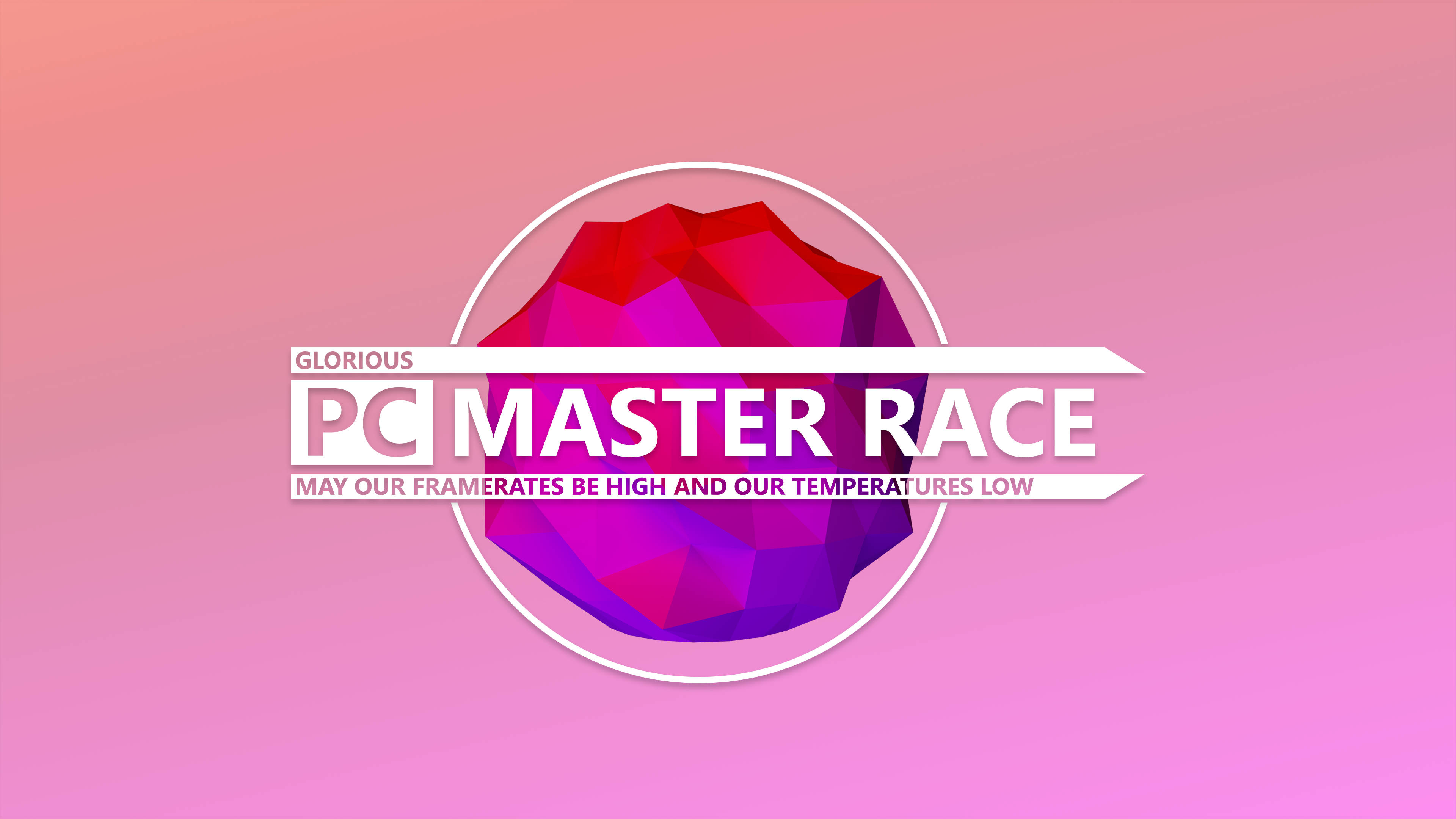 粉紅色 桌布 壁紙 — 一個為PC Master Race設計的風格化幾何紅紫水晶標誌，置於柔和粉紅漸變背景上。