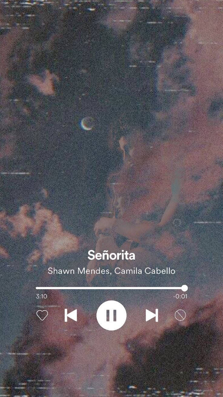 音樂 桌布 壁紙 — 一個為Shawn Mendes和Camila Cabello的Señorita而設的故障音樂播放器介面，疊加在一個帶有新月夢幻宇宙背景上。