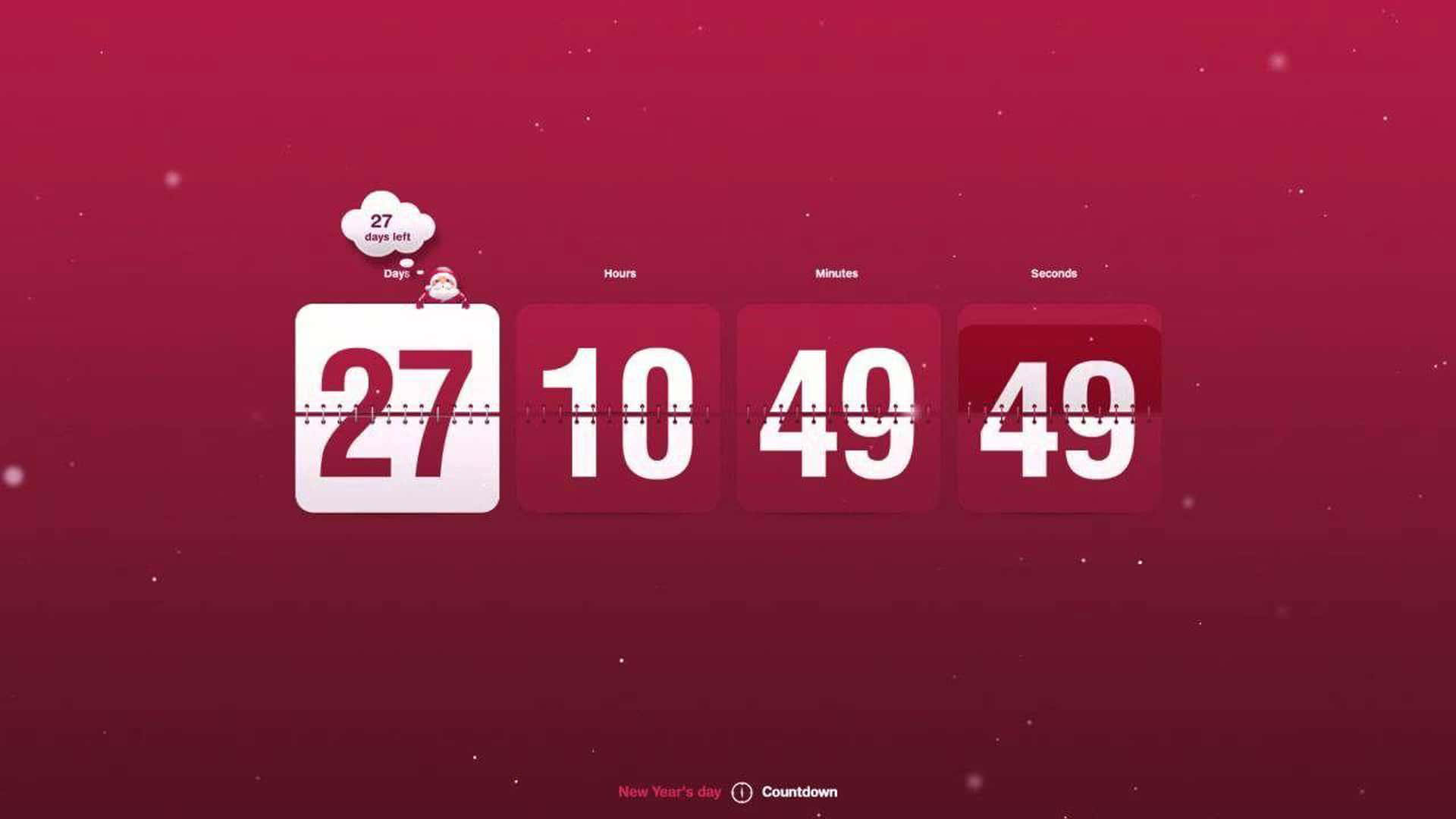 Christmas Countdown 桌布 壁紙 — 一個為新年而設的節日數位倒數計時器，顯示剩餘27天10小時49分鐘49秒，背景為深紅色漸變，帶有微妙的雪花粒子。