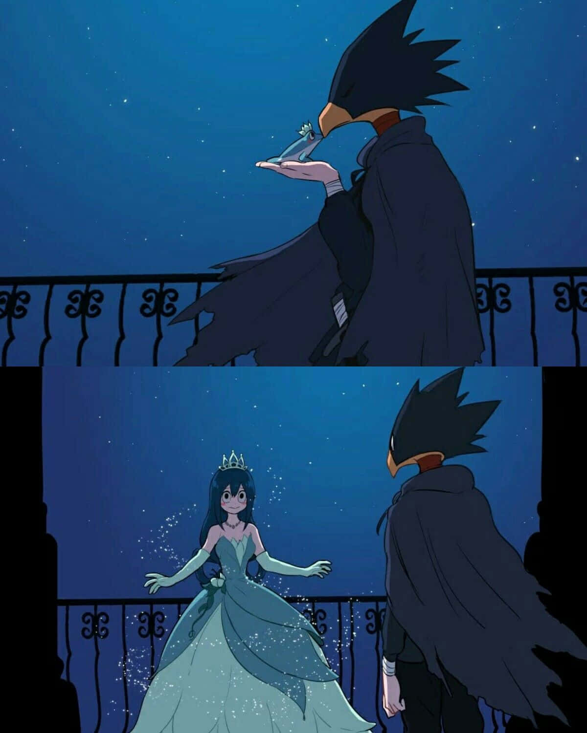 Fumikage Tokoyami 桌布 壁紙 — 一個烏鴉頭、身穿黑色斗篷的人物，在星空下向一位身穿發光藍色長袍的微笑公主遞上一個玻璃瓶。